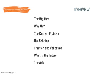 OVERVIEW
The Big Idea
Why Us?
The Current Problem
Our Solution
Traction and Validation
What's The Future
The Ask
Wednesday, 16 April 14
 