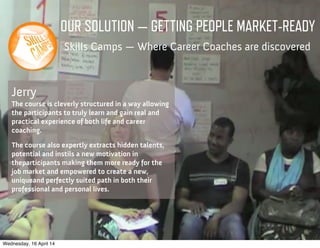 Skills Camps — Where Career Coaches are discovered
OUR SOLUTION — GETTING PEOPLE MARKET-READY
The course is cleverly structured in a way allowing
the participants to truly learn and gain real and
practical experience of both life and career
coaching.
The course also expertly extracts hidden talents,
potential and instils a new motivation in
theparticipants making them more ready for the
job market and empowered to create a new,
uniqueand perfectly suited path in both their
professional and personal lives.
Jerry
Wednesday, 16 April 14
 
