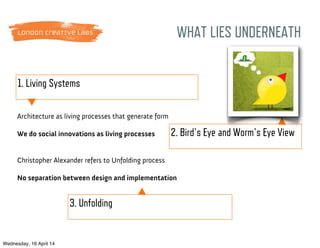 Architecture as living processes that generate form
We do social innovations as living processes
Christopher Alexander refers to Unfolding process
No separation between design and implementation
WHAT LIES UNDERNEATH
3. Unfolding
2. Bird's Eye and Worm's Eye View
1. Living Systems
Wednesday, 16 April 14
 