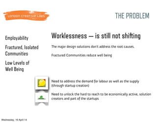 Worklessness — is still not shifting
The major design solutions don't address the root causes.
Fractured Communities reduce well being
Need to address the demand for labour as well as the supply
(through startup creation)
Need to unlock the hard to reach to be economically active, solution
creators and part of the startups
Employability
Fractured, Isolated
Communities
Low Levels of
Well Being
THE PROBLEM
Wednesday, 16 April 14
 