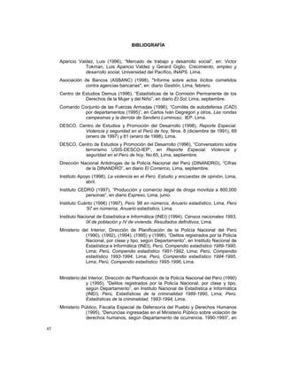45 
BIBLIOGRAFÍA 
Aparicio Valdez, Luis (1996), “Mercado de trabajo y desarrollo social”, en: Victor 
Tokman, Luis Aparicio Valdez y Gerard Giglio, Crecimiento, empleo y 
desarrollo social, Universidad del Pacífico, INAPS. Lima. 
Asociación de Bancos (ASBANC) (1998), "Informe sobre actos ilícitos cometidos 
contra agencias bancarias", en: diario Gestión, Lima, febrero. 
Centro de Estudios Demus (1996), “Estadísticas de la Comisión Permanente de los 
Derechos de la Mujer y del Niño”, en diario El Sol, Lima, septiembre. 
Comando Conjunto de las Fuerzas Armadas (1996), “Comités de autodefensa (CAD) 
por departamentos (1995)”, en Carlos Iván Degregori y otros, Las rondas 
campesinas y la derrota de Sendero Luminoso, IEP. Lima. 
DESCO, Centro de Estudios y Promoción del Desarrollo (1998), Reporte Especial. 
Violencia y seguridad en el Perú de hoy, Nros. 8 (diciembre de 1991), 69 
(enero de 1997) y 81 (enero de 1998), Lima. 
DESCO, Centro de Estudios y Promoción del Desarrollo (1996), “Conversatorio sobre 
terrorismo USIS-DESCO-IEP”, en Reporte Especial. Violencia y 
seguridad en el Perú de hoy, No.65, Lima, septiembre. 
Dirección Nacional Antidrogas de la Policía Nacional del Perú (DINANDRO), “Cifras 
de la DINANDRO”, en diario El Comercio, Lima, septiembre. 
Instituto Apoyo (1998), La violencia en el Perú. Estudio y encuestas de opinión, Lima, 
abril. 
Instituto CEDRO (1997), “Producción y comercio ilegal de droga moviliza a 800,000 
personas”, en diario Expreso, Lima, junio. 
Instituto Cuánto (1996) (1997), Perú ’96 en números, Anuario estadístico, Lima, Perú 
’97 en números, Anuario estadístico, Lima. 
Instituto Nacional de Estadística e Informática (INEI) (1994), Censos nacionales 1993, 
IX de población y IV de vivienda. Resultados definitivos, Lima. 
Ministerio del Interior, Dirección de Planificación de la Policía Nacional del Perú 
(1990), (1992), (1994), (1995) y (1996), “Delitos registrados por la Policía 
Nacional, por clase y tipo, según Departamento”, en Instituto Nacional de 
Estadística e Informática (INEI), Perú, Compendio estadístico 1989-1990, 
Lima; Perú, Compendio estadístico 1991-1992, Lima; Perú, Compendio 
estadístico 1993-1994, Lima; Perú, Compendio estadístico 1994-1995, 
Lima; Perú, Compendio estadístico 1995-1996, Lima. 
Ministerio del Interior, Dirección de Planificación de la Policía Nacional del Perú (1990) 
y (1995), “Delitos registrados por la Policía Nacional, por clase y tipo, 
según Departamento”, en Instituto Nacional de Estadística e Informática 
(INEI), Perú, Estadísticas de la criminalidad 1989-1990, Lima; Perú, 
Estadísticas de la criminalidad, 1993-1994, Lima. 
Ministerio Público, Fiscalía Especial de Defensoría del Pueblo y Derechos Humanos 
(1995), “Denuncias ingresadas en el Ministerio Público sobre violación de 
derechos humanos, según Departamento de ocurrencia, 1990-1993”, en 
 