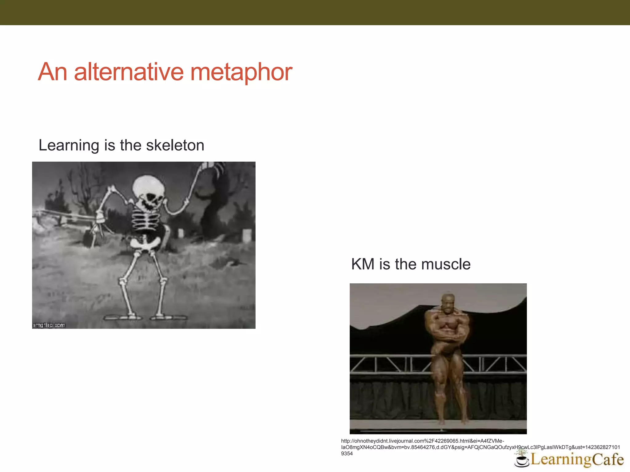 An alternative metaphor
http://ohnotheydidnt.livejournal.com%2F42269065.html&ei=A4fZVMe-
IaO8mgXN4oCQBw&bvm=bv.85464276,d.dGY&psig=AFQjCNGaQOufzyxH9cwLc3lPgLasIWkDTg&ust=142362827101
9354
Learning is the skeleton
KM is the muscle
 