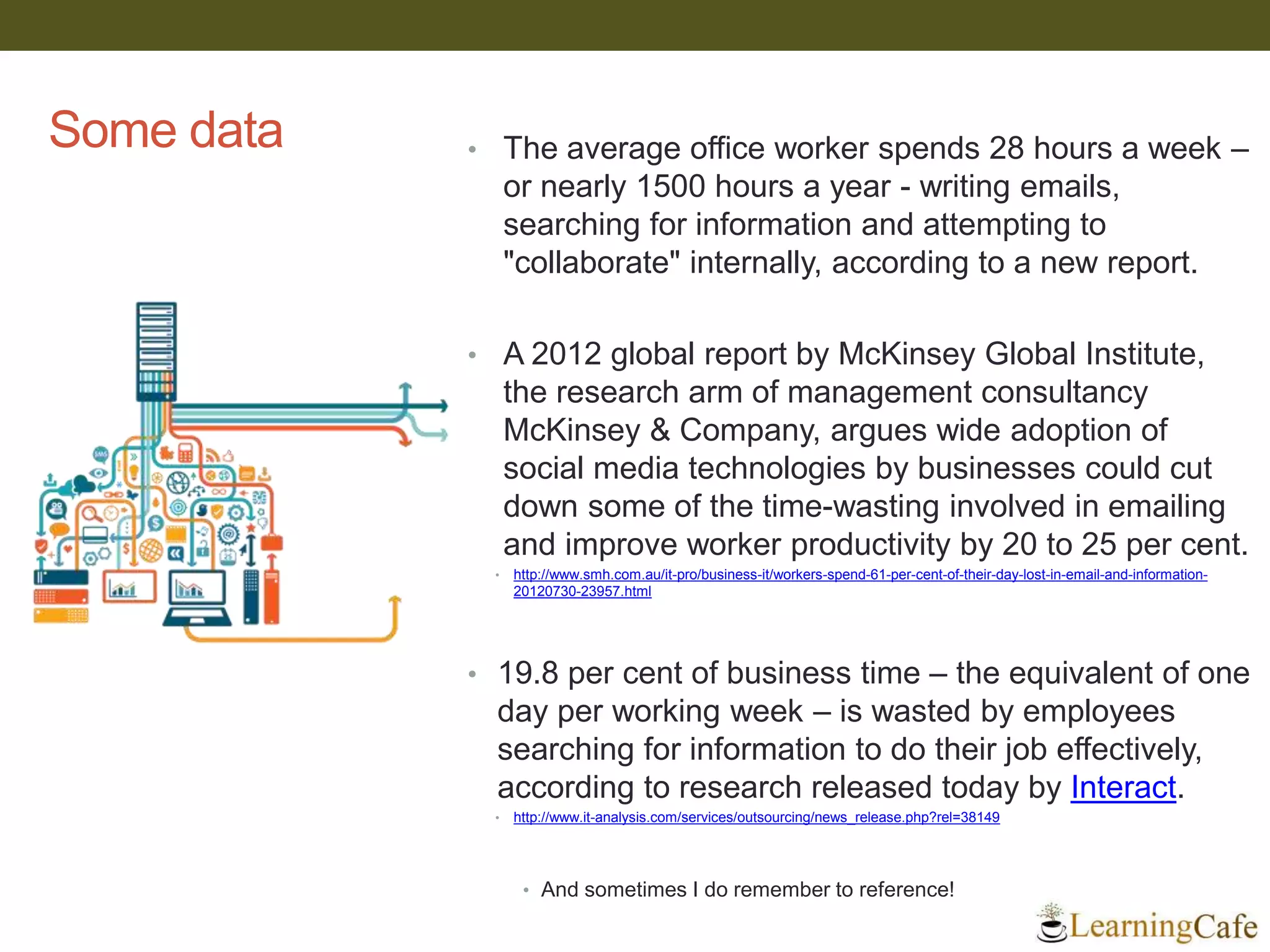 Some data • The average office worker spends 28 hours a week –
or nearly 1500 hours a year - writing emails,
searching for information and attempting to
"collaborate" internally, according to a new report.
• A 2012 global report by McKinsey Global Institute,
the research arm of management consultancy
McKinsey & Company, argues wide adoption of
social media technologies by businesses could cut
down some of the time-wasting involved in emailing
and improve worker productivity by 20 to 25 per cent.
• http://www.smh.com.au/it-pro/business-it/workers-spend-61-per-cent-of-their-day-lost-in-email-and-information-
20120730-23957.html
• 19.8 per cent of business time – the equivalent of one
day per working week – is wasted by employees
searching for information to do their job effectively,
according to research released today by Interact.
• http://www.it-analysis.com/services/outsourcing/news_release.php?rel=38149
• And sometimes I do remember to reference!
 