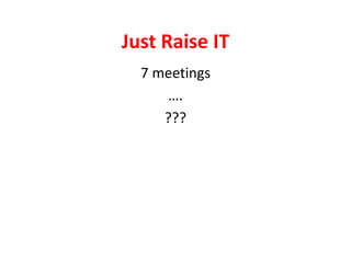 Just Raise IT,[object Object],7 meetings,[object Object],….,[object Object],???,[object Object]