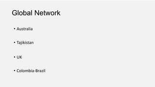 Global Network
• Australia
• Tajikistan
• UK
• Colombia-Brazil

 