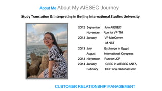 About Me About

My AIESEC Journey

Study Translation & Interpreting in Beijing International Studies University
2012 September
November

2013 January

Join AIESEC
Run for VP TM

VP MarComm
IM NST

PHOTO

2013 July
August

2013 November
2014 January
February

Exchange in Egypt
International Congress

Run for LCP
CEED in AIESEC ANFA
OCP of a National Conf.

CUSTOMER RELATIONSHIP MANAGEMENT

 