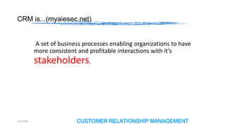 CRM is...(myaiesec.net)

A set of business processes enabling organizations to have
more consistent and profitable interactions with it’s

stakeholders.

2/4/2014

CUSTOMER RELATIONSHIP MANAGEMENT

 