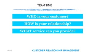TEAM TIME

WHO is your customer?
HOW is your relationship?
WHAT service can you provide?

2/4/2014

CUSTOMER RELATIONSHIP MANAGEMENT

 