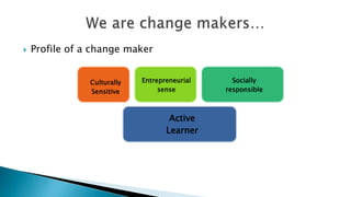 

Profile of a change maker
Culturally
Sensitive

Entrepreneurial
sense

Active
Learner

Socially
responsible

 