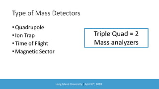 Long Island University | April 6th, 2018
Type of Mass Detectors
• Quadrupole
• Ion Trap
• Time of Flight
• Magnetic Sector
Triple Quad = 2
Mass analyzers
 