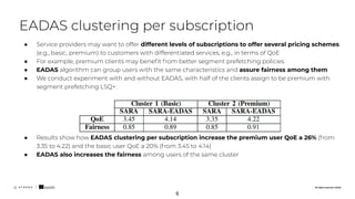 All rights reserved. ©2020
● Service providers may want to offer different levels of subscriptions to offer several pricing schemes
(e.g., basic, premium) to customers with differentiated services, e.g., in terms of QoE
● For example, premium clients may beneﬁt from better segment prefetching policies
● EADAS algorithm can group users with the same characteristics and assure fairness among them
● We conduct experiment with and without EADAS, with half of the clients assign to be premium with
segment prefetching LSQ+:
● Results show how EADAS clustering per subscription increase the premium user QoE a 26% (from
3.35 to 4.22) and the basic user QoE a 20% (from 3.45 to 4.14)
● EADAS also increases the fairness among users of the same cluster
EADAS clustering per subscription
All rights reserved. ©2020
6
 