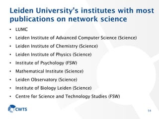 Leiden University’s institutes with most
publications on network science
• LUMC
• Leiden Institute of Advanced Computer Sc...