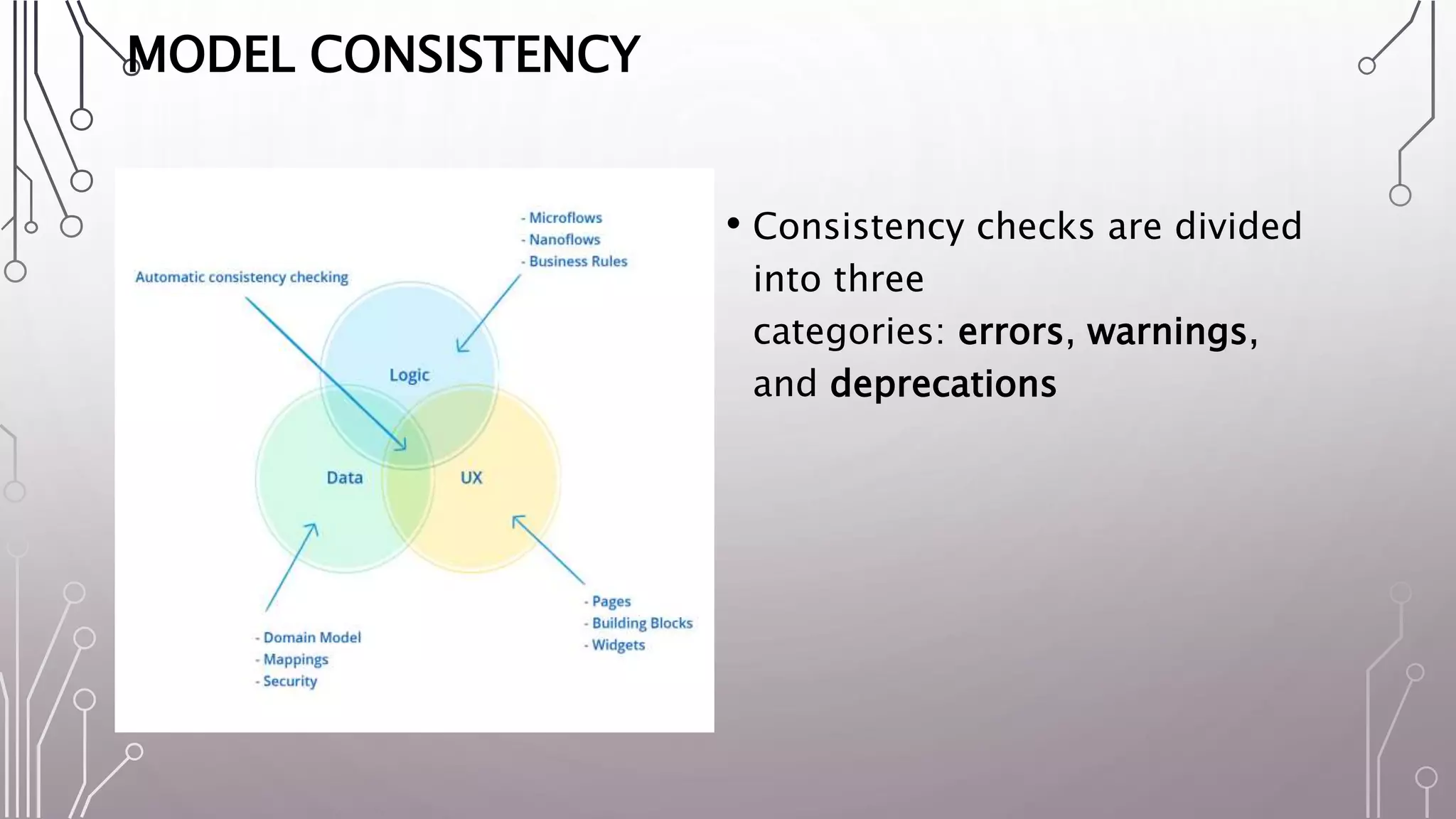 MODEL CONSISTENCY
• Consistency checks are divided
into three
categories: errors, warnings,
and deprecations
 