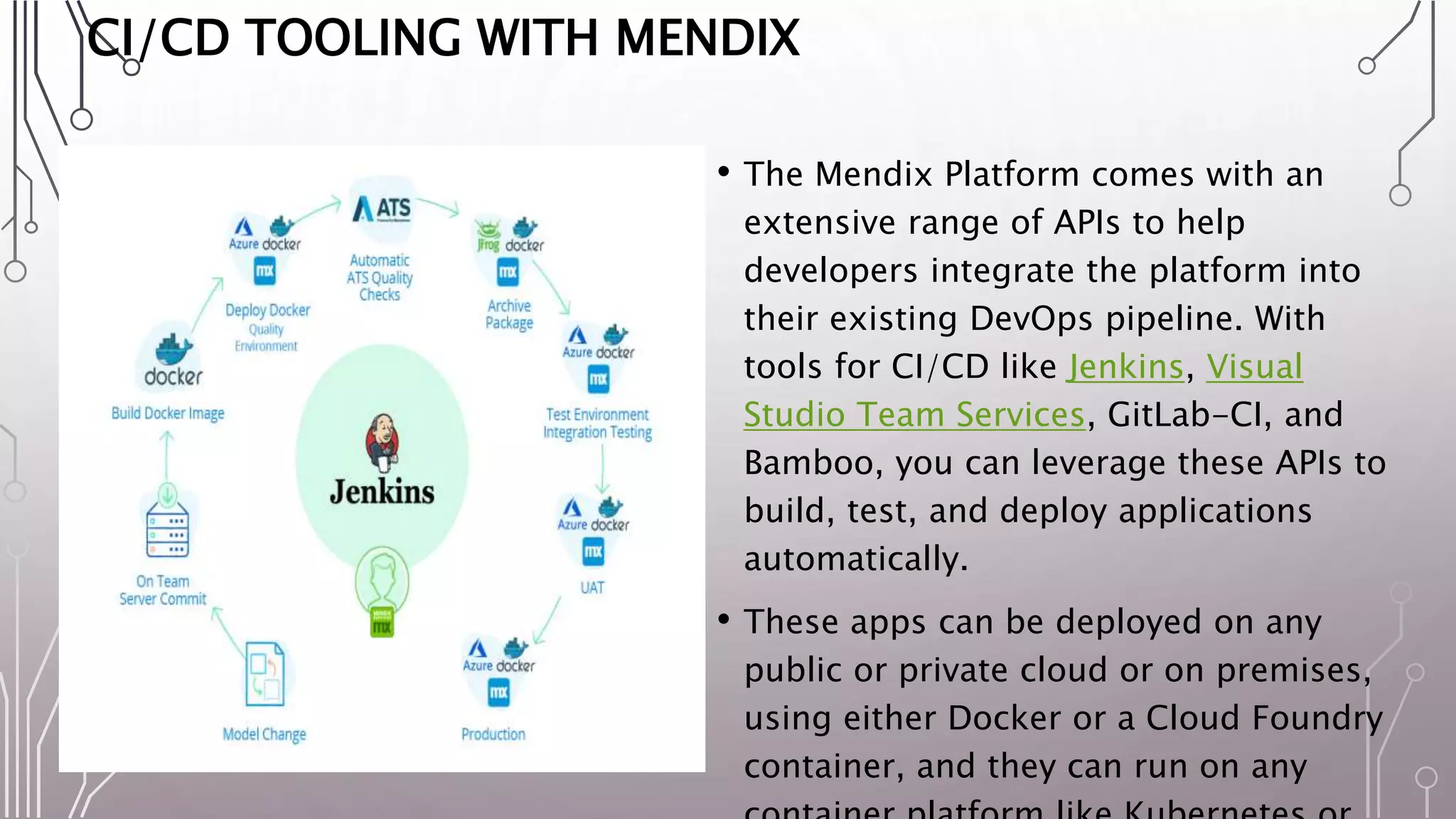 CI/CD TOOLING WITH MENDIX
• The Mendix Platform comes with an
extensive range of APIs to help
developers integrate the platform into
their existing DevOps pipeline. With
tools for CI/CD like Jenkins, Visual
Studio Team Services, GitLab-CI, and
Bamboo, you can leverage these APIs to
build, test, and deploy applications
automatically.
• These apps can be deployed on any
public or private cloud or on premises,
using either Docker or a Cloud Foundry
container, and they can run on any
 