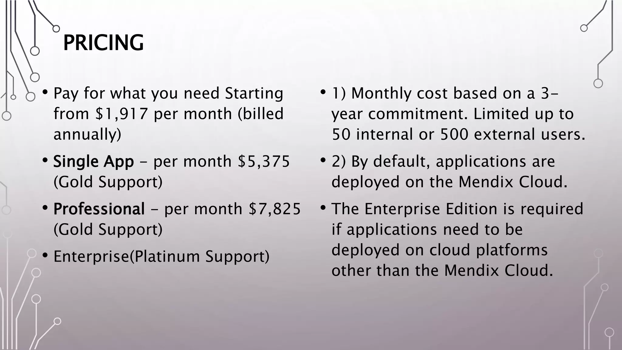 PRICING
• Pay for what you need Starting
from $1,917 per month (billed
annually)
• Single App - per month $5,375
(Gold Support)
• Professional - per month $7,825
(Gold Support)
• Enterprise(Platinum Support)
• 1) Monthly cost based on a 3-
year commitment. Limited up to
50 internal or 500 external users.
• 2) By default, applications are
deployed on the Mendix Cloud.
• The Enterprise Edition is required
if applications need to be
deployed on cloud platforms
other than the Mendix Cloud.
 