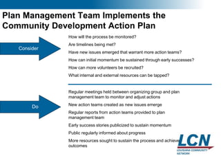 17
Plan Management Team Implements the
Community Development Action Plan
Consider
How will the process be monitored?
Are timelines being met?
Have new issues emerged that warrant more action teams?
How can initial momentum be sustained through early successes?
How can more volunteers be recruited?
What internal and external resources can be tapped?
Regular meetings held between organizing group and plan
management team to monitor and adjust actions
New action teams created as new issues emerge
Regular reports from action teams provided to plan
management team
Early success stories publicized to sustain momentum
Public regularly informed about progress
More resources sought to sustain the process and achieve
outcomes
Do
 