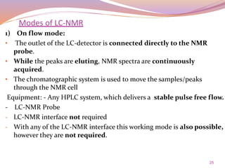 25
1) On flow mode:
• The outlet of the LC-detector is connected directly to the NMR
probe.
• While the peaks are eluting, NMR spectra are continuously
acquired.
• The chromatographic system is used to move the samples/peaks
through the NMR cell
Equipment: - Any HPLC system, which delivers a stable pulse free flow.
- LC-NMR Probe
- LC-NMR interface not required
- With any of the LC-NMR interface this working mode is also possible,
however they are not required.
Modes of LC-NMR
 