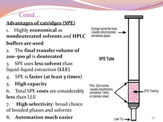 35
Advantages of catridges (SPE)
1. Highly economical as
nondeuterated solvents and HPLC
buffers are used
2. The final transfer volume of
200–500 μl is deuterated
3. SPE uses less solvent than
liquid-liquid extraction (LLE)
4. SPE is faster (at least 5 times)
5. High capacity
6. Total SPE costs are considerably
less than LLE
7. High selectivity: broad choice
of bonded phases and solvents
8. Automation much easier
Contd…
 