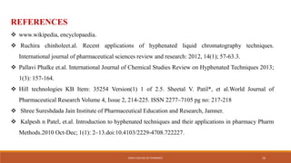 REFERENCES
 www.wikipedia, encyclopaedia.
 Ruchira chinholeet.al. Recent applications of hyphenated liquid chromatography techniques.
International journal of pharmaceutical sciences review and research: 2012, 14(1); 57-63.3.
 Pallavi Phalke et.al. International Journal of Chemical Studies Review on Hyphenated Techniques 2013;
1(3): 157-164.
 Hill technologies KB Item: 35254 Version(1) 1 of 2.5. Sheetal V. Patil*, et al.World Journal of
Pharmaceutical Research Volume 4, Issue 2, 214-225. ISSN 2277–7105 pg no: 217-218
 Shree Sureshdada Jain Institute of Pharmaceutical Education and Research, Jamner.
 Kalpesh n Patel, et.al. Introduction to hyphenated techniques and their applications in pharmacy Pharm
Methods.2010 Oct-Dec; 1(1): 2–13.doi:10.4103/2229-4708.722227.
KMCH COLLEGE OF PHARMACY 16
 