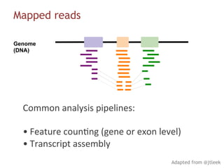 Genome
(DNA)
Mapped reads
Adapted from @jtleek
Common	analysis	pipelines:	
&bull; Feature	coun#ng	(gene	or	exon	level)	
&bull; Transcript	assembly	
 