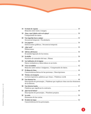 18 Un baño de espuma .............................................................................................. 29
Relación entre texto e imagen.
19 ¡Vaya, vaya! ¡Quién está en la playa! .................................................................... 30
Comprensión de datos.
20 Una lagartija busca amigos ................................................................................... 32
Secuencia temporal. / Vocabulario.
21 Los juguetes ......................................................................................................... 34
Instrucciones gráficas. / Secuencia temporal.
22 ¿Qué será? ........................................................................................................... 35
Definiciones.
23 Adivina adivinanza ............................................................................................... 36
El sentido figurado de los textos.
24 Un delfín ............................................................................................................... 38
Nombres de animales del mar. / Rimas.
25 Los habitantes de la laguna ................................................................................. 40
Datos verdaderos y datos falsos en un texto.
26 A las escondidas ................................................................................................... 42
Relación entre textos e imágenes. / Comprensión de datos.
27 El álbum de fotos .................................................................................................. 44
Características físicas de las personas. / Descripciones.
28 Tristán y la trompeta ............................................................................................ 45
Lectura expresiva: palabras que riman. / Palabras con tr.
29 Una historia fea .................................................................................................... 46
Descripción de personajes. / Palabras que explican cómo son los elementos
de la historia.
30 Una historia bonita ............................................................................................... 47
Palabras que significan lo contrario.
31 ¡Qué lío de bichos! ................................................................................................ 48
Descripción de personajes. / Nombres propios.
32 La carta ................................................................................................................ 50
Elementos de las cartas.
33 El árbol sin hojas .................................................................................................. 52
Características de los personajes.
5
©
Santillana
S.
A.
Prohibida
su
reproducción.
D.
L.
822
 