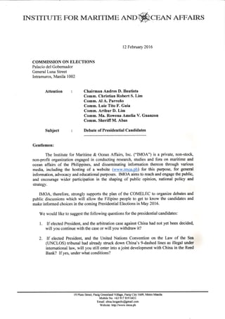 IMOA: Letter to COMELEC re Debate of Presidential Candidates