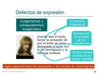 Defectos de expresión
                  Vulgarismos y                   2ª persona
                  coloquialismos                  impersonal
                   exagerados
                                                    Expresiones
                            Cuando lees el texto,    de la jerga
                            tienes la sensación de     de los
                            que el autor se come    estudiantes
                            demasiado el tarro con
                            lo del hormiguero y la
                            hormiga solitaria      Construcciones
                                                     propias de la
                                                   lengua hablada

 Vigila especialmente los anacolutos y los errores de concordancia
Alfonso Sancho Rodríguez                                             12
 
