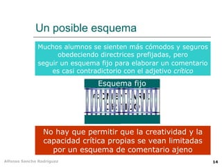 Un posible esquema
              Muchos alumnos se sienten más cómodos y seguros
                    obedeciendo directrices prefijadas, pero
              seguir un esquema fijo para elaborar un comentario
                  es casi contradictorio con el adjetivo crítico
                               Esquema fijo
                              COMENTARIO
                                CRÍTICO

                 No hay que permitir que la creatividad y la
                 capacidad crítica propias se vean limitadas
                   por un esquema de comentario ajeno
Alfonso Sancho Rodríguez                                           14
 