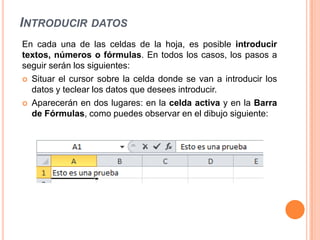 INTRODUCIR DATOS
En cada una de las celdas de la hoja, es posible introducir
textos, números o fórmulas. En todos los casos, los pasos a
seguir serán los siguientes:
 Situar el cursor sobre la celda donde se van a introducir los
  datos y teclear los datos que desees introducir.
 Aparecerán en dos lugares: en la celda activa y en la Barra
  de Fórmulas, como puedes observar en el dibujo siguiente:
 