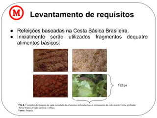 Levantamento de requisitos
● Refeições baseadas na Cesta Básica Brasileira.
● Inicialmente serão utilizados fragmentos dequatro
alimentos básicos:
Fig 2. Exemplos de imagens de cada variedade de alimentos utilizadas para o treinamento da rede neural. Carne grelhada;
Arroz branco; Feijão carioca e Alface.
Fonte: Própria.
192 px
 