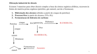Obtenção industrial de álcoois
Existem 3 maneiras para obter álcoois simples a base da síntese orgânica alifática, recorrem às
fontes de matéria-prima orgânica (petróleo, gás natural, carvão e biomassa).
1. Hidratação dos alcenos (obtidos a partir do craque do petróleo)
2. Processo Oxo (a partir de alcenos, CO e H2)
3. Fermentacao de hidratos de carbono
Petroleo
craque R-CH CH2
Hidrataco
R-CHOH-CH3
craque
R-CHOH-CH3
Hiratacao
OH
etanol
Fermentacao
Acucares
Oxo
11
 