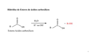 Hidrólise de Esteres de ácidos carboxílicos
R,
C
OR
O
Esteres Acidos carboxilicos
H2O
H+ ou OH-
R,
C
OH
O
+ R-OH
18
 