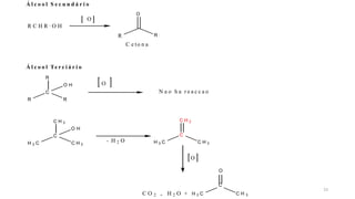Á l c o o l S e c u n d á r i o
O
R C H R , O H
R R ,
O
C e to n a
R
C
Á l c o o l Te r c i á r i o
R
R
O H O
N a o h a r e a c c a o
H 3 C
C
C H 3
C H 3
O H
H 3 C
C
C H 3
C H 2
- H 2 O
O
O
C
23
C O 2 H 2 O + H 3 C C H 3
+
 