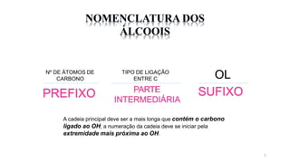 A cadeia principal deve ser a mais longa que contém o carbono
ligado ao OH; a numeração da cadeia deve se iniciar pela
extremidade mais próxima ao OH.
PREFIXO PARTE
INTERMEDIÁRIA
SUFIXO
Nº DE ÁTOMOS DE
CARBONO
5
TIPO DE LIGAÇÃO
ENTRE C OL
 