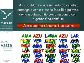 A dificuldade é que um lado do cérebro enxerga a cor e o outro lado lê a palavra.  Como a palavra não combina com a cor,  a gente fica confuso. Com álcool no cérebro, fica assim: Copyright 2008 MARPAN AMARELO AZUL LARANJA PRETO VERMELHO VERDE ROXO AMARELO VERMELHO LARANJA PRETO PRETO AZUL VERMEL ROXO VER AZU LAR AMARELO AZUL LARANJA PRETO VERMELHO VERDE ROXO AMARELO VERMELHO LARANJA PRETO PRETO AZUL VERMEL ROXO VER AZU LAR 