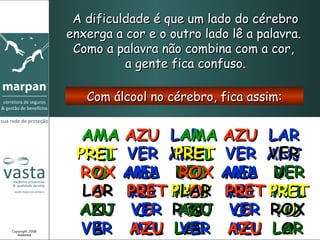 A dificuldade é que um lado do cérebro enxerga a cor e o outro lado lê a palavra.  Como a palavra não combina com a cor,  a gente fica confuso. Com álcool no cérebro, fica assim: Copyright 2008 MARPAN AMARELO AZUL LARANJA PRETO VERMELHO VERDE ROXO AMARELO VERMELHO LARANJA PRETO PRETO AZUL VERMEL ROXO VER AZU LAR AMARELO AZUL LARANJA PRETO VERMELHO VERDE ROXO AMARELO VERMELHO LARANJA PRETO PRETO AZUL VERMEL ROXO VER AZU LAR 