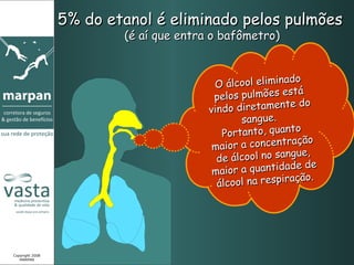 5% do etanol é eliminado pelos pulmões   (é aí que entra o bafômetro) O álcool eliminado pelos pulmões está vindo diretamente do sangue.  Portanto, quanto maior a concentração de álcool no sangue, maior a quantidade de álcool na respiração. Copyright 2008 MARPAN 