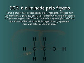 90% é eliminado pelo fígado Como o etanol não é reconhecido pelo organismo, o fígado tem que modificá-lo para que possa ser retirado. Com grande esforço o fígado consegue transformar o etanol em água e gás carbônico, que são substâncias normais do organismo e já possuem  suas vias naturais de eliminação. 
