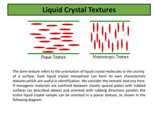 Liquid Crystal Textures
The term texture refers to the orientation of liquid crystal molecules in the vicinity
of a surface. Each liquid crystal mesophase can form its own characteristic
textures,which are useful in identification. We consider the nematic textures here.
If mesogenic materials are confined between closely spaced plates with rubbed
surfaces (as described above) and oriented with rubbing directions parallel, the
entire liquid crystal sample can be oriented in a planar texture, as shown in the
following diagram
 