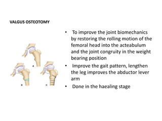 VALGUS OSTEOTOMY
• To improve the joint biomechanics
by restoring the rolling motion of the
femoral head into the acteabulum
and the joint congruity in the weight
bearing position
• Improve the gait pattern, lengthen
the leg improves the abductor lever
arm
• Done in the haealing stage
 