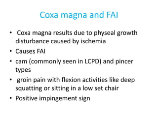 Coxa magna and FAI
• Coxa magna results due to physeal growth
disturbance caused by ischemia
• Causes FAI
• cam (commonly seen in LCPD) and pincer
types
• groin pain with flexion activities like deep
squatting or sitting in a low set chair
• Positive impingement sign
 