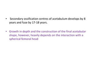• Secondary ossification centres of acetabulum develops by 8
years and fuse by 17-18 years.
• Growth in depth and the construction of the final acetabular
shape, however, heavily depends on the interaction with a
spherical femoral head
 