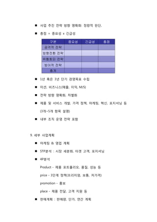  사업 추진 전략 방향 명확화: 정량적 판단,
 총점 = 중요성 x 긴급성
 1년 혹은 3년 단기 경영목표 수립
 미션, 비즈니스(매출, 이익, M/S)
 전략 방향 명확화, 차별화
 제품 및 서비스 개발, 가격 정책, 마케팅, 혁신, 포지셔닝 등
(3개~5개 항목 설명)
 내부 조직 운영 전략 포함
9. 세부 사업계획
 마케팅 & 영업 계획
 STP분석 : 시장 세분화, 타겟 고객, 포지셔닝
 4P분석
Product - 제품 포트폴리오, 품질, 성능 등
price - 3단계 정책(프리미엄, 보통, 저가격)
promotion - 홍보
place - 제품 전달, 고객 지원 등
 판매계획 : 판매량, 단가, 연간 계획
 