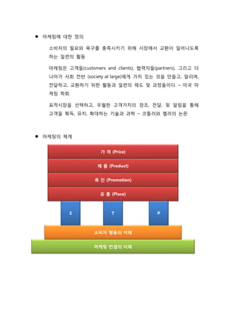  마케팅에 대한 정의
소비자의 필요와 욕구를 충족시키기 위해 시장에서 교환이 일어나도록
하는 일련의 활동
마케팅은 고객들(customers and clients), 협력자들(partners), 그리고 더
나아가 사회 전반 (society at large)에게 가치 있는 것을 만들고, 알리며,
전달하고, 교환하기 위한 활동과 일련의 제도 및 과정들이다. – 미국 마
케팅 학회
표적시장을 선택하고, 우월한 고객가치의 창조, 전달, 및 알림을 통해
고객을 획득, 유지, 확대하는 기술과 과학 – 코틀러와 켈러의 논문
 마케팅의 체계
 