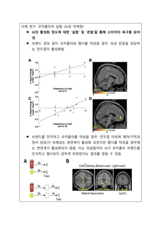 사례 연구: 코카콜라의 실험 (뉴로 마케팅)
 뇌의 활성화 정도에 대한 ‘실험’ 및 ‘관찰’을 통해 소비자의 욕구를 읽어
냄
 브랜드 정보 없이 코카콜라와 펩시를 마셨을 경우: 보상 반응을 담당하
는 전두엽이 활성화됨
 브랜드를 인지하고 코카콜라를 마셨을 경우: 전두엽 이외에 해마(기억과
정서 담당)가 속해있는 변연계가 활성화 되었지만 펩시를 마셨을 경우에
는 변연계가 활성화되지 않음. 이는 피실험자의 뇌가 코카콜라 브랜드를
인식하고 펩시보다 강하게 반응한다는 결과를 얻을 수 있음
 