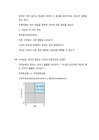 인간은 어떤 일이나 현상에 대하여 그 원인을 찾아가려는 정신적 성향을
갖고 있다.
추종자들은 여러 채널을 통하여 리더에 대한 정보를 얻는다.
1. 귀인의 네 가지 규칙
특이한가(distinctive)
다른 리더들도 그런 행동을 보이는가
시간과 장소에 관계없이 일관성 있게 발생하는가
리더십 이외의 다른 특성 때문일 가능성을 배제할 수 있는가
 리더십은 리더의 행위요 리더와 추종자간의 관계다
직무능력이 뛰어난 리더가 훌륭한 리더인가 ? 아니면 인간관계 측면이 좋
은 리더가 훌륭한 리더인가 ?
직무중심형 v.s. 조직원중심형
구조주도(Initiating Structure) v.s. 배려(Consideration)
 