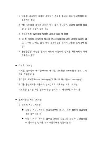 1. 사슬형: 공식적인 계통과 수직적인 경로를 통해서 의사(정보)전달이 이
루어지는 형태
2. Y형: 집단내에 특정의 리더가 있는 것은 아니지만, 비교적 집단을 대표
할 수 있는 인물이 있는 경우
3. 수레바퀴형: 집단내에 특정한 리더가 있을 때 발생
4. 원 형: 위원회 조직이나 태스크 포스조직에서와 같이 권력의 집중도 없
고, 지위의 고·하도 없이 특정 문제해결을 위해서 구성된 조직에서 발
생
5. 완전연결형: 구성원 전체가 서로의 의견이나 정보를 자유의지에 따라
교환하는 형태
 E-커뮤니케이션
이메일, 인스턴트 메시징/텍스트 메시징, 네트워킹 소프트웨어, 블로그, 비
디오 컨퍼런싱 등
인스턴트 메시징(instant messaging)과 텍스트 메시징(text messaging)
휴대용 통신기기를 이용하여 실시간으로 이뤄지는 커뮤니케이션
네트워킹 분야는 가장 변화가 심한 분야이다 : 페이스북, 리위터 등
 조직차원의 커뮤니케이션
1. 공식적 커뮤니케이션
 상향식 커뮤니케이션: 하급자로부터 의사나 제반 정보가 상급자에
게로 흘러가는 것
 하향식 커뮤니케이션: 업무와 관련된 상급자의 의견이나, 전달사항
이 공식적인 경로를 거쳐 하급자에게 전달되는 것
 