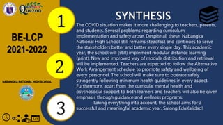 1
BE-LCP
2021-2022
NABANGKA NATIONAL HIGH SCHOOL
2
3
SYNTHESIS
The COVID situation makes it more challenging to teachers, parents,
and students. Several problems regarding curriculum
implementation and safety arose. Despite all these, Nabangka
National High School still remains steadfast and continues to serve
the stakeholders better and better every single day. This academic
year, the school will (still) implement modular distance learning
(print). New and improved way of module distribution and retrieval
will be implemented. Teachers are expected to follow the Alternative
Work Arrangement schedule to promote safety and wellbeing of
every personnel. The school will make sure to operate safely
stringently following minimum health guidelines in every aspect.
Furthermore, apart from the curricula, mental health and
psychosocial support to both learners and teachers will also be given
emphasis through guidance and wellness programs.
Taking everything into account, the school aims for a
successful and meaningful academic year. Sulong EduKalidad!
 