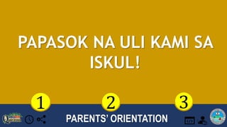 PARENTS’ ORIENTATION
2 3
PAPASOK NA ULI KAMI SA
ISKUL!
1
 