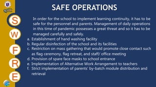 SAFE OPERATIONS
S
W
F
R
E
In order for the school to implement learning continuity, it has to be
safe for the personnel and parents. Management of daily operations
in this time of pandemic possesses a great threat and so it has to be
managed carefully and safely.
a. Establishment of hand washing facility
b. Regular disinfection of the school and its facilities
c. Restriction on mass gathering that would promote close contact such
as flag ceremony, flag retreat, and staff/ office meeting
d. Provision of spare face masks to school entrance
e. Implementation of Alternative Work Arrangement to teachers
f. Strict implementation of parents’ by-batch module distribution and
retrieval
 